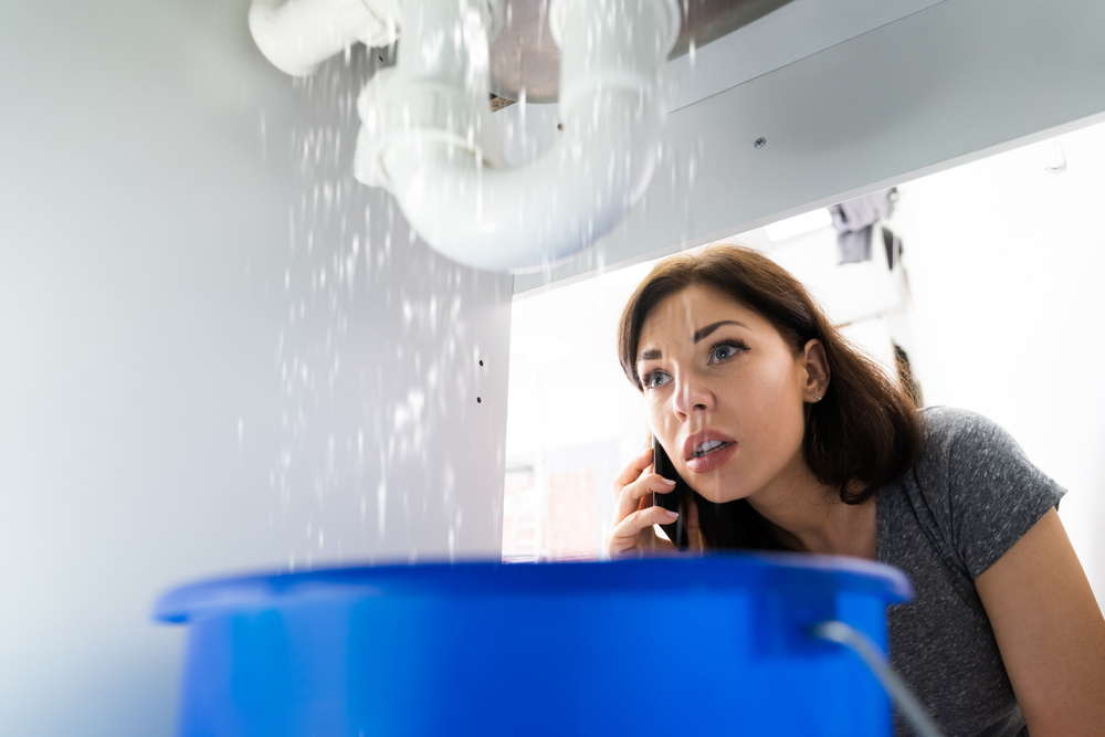 A woman calling someone on the phone as she looks at a leaking pipe under a sink with a bucket catching the water.